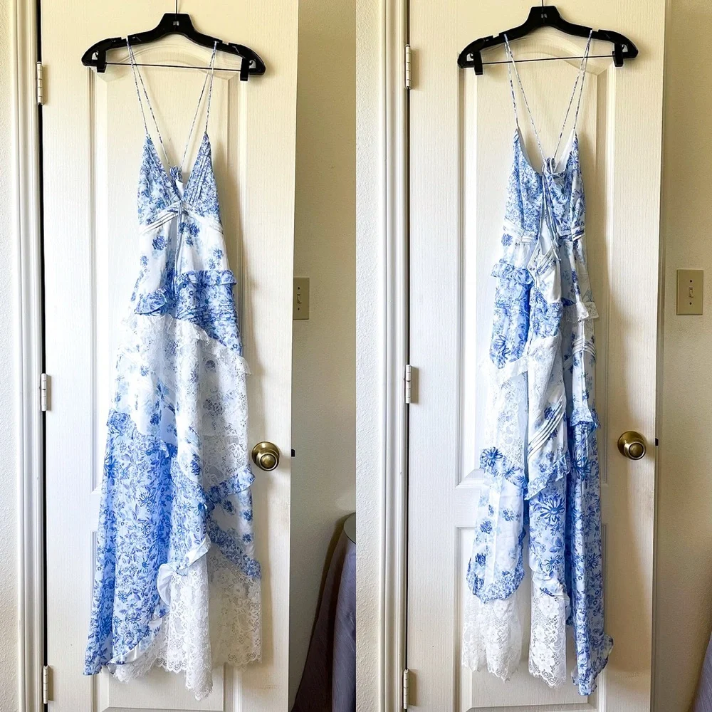 For Love & Lemons Rosalyn Maxi Dress Lace Patchwork Blue XS EUC - Picture 2 of 13